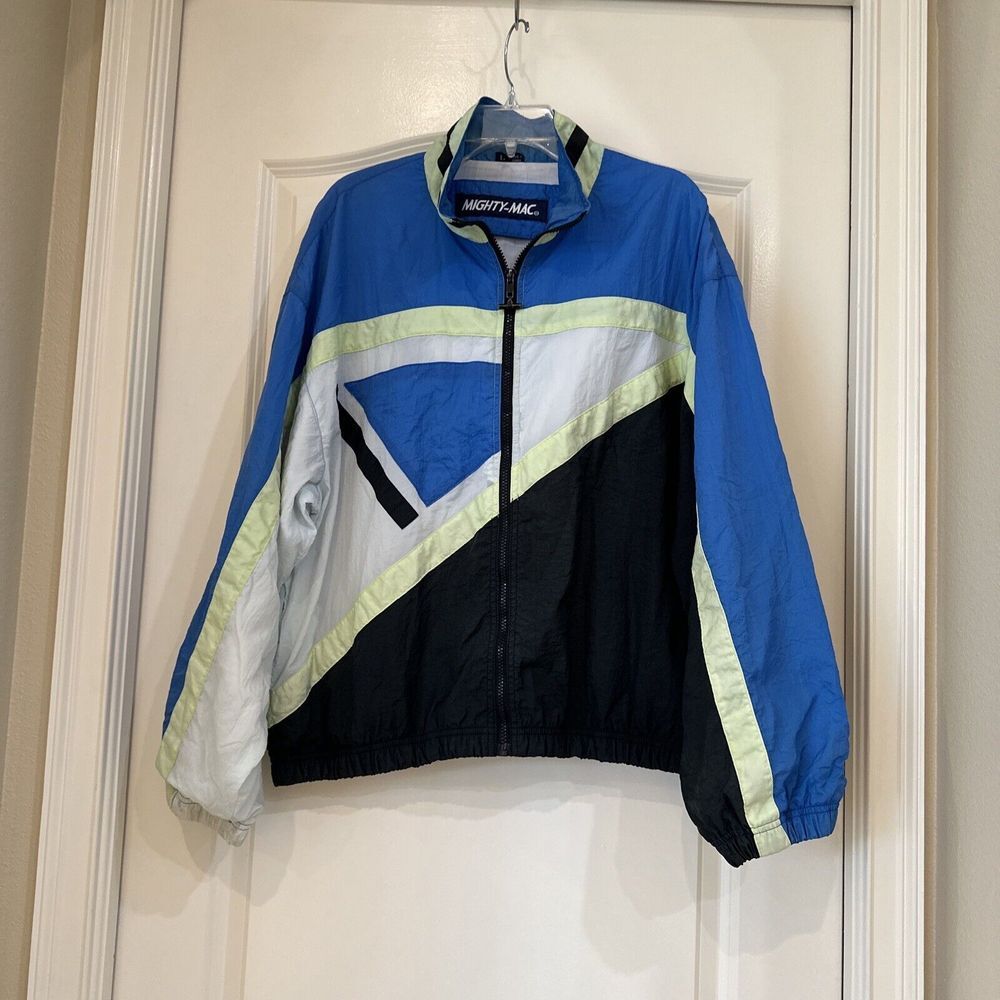 VTG 90 Mighty Mac Blue White Black Nylon Track Windbreaker Men L Jacket‎ Coat
